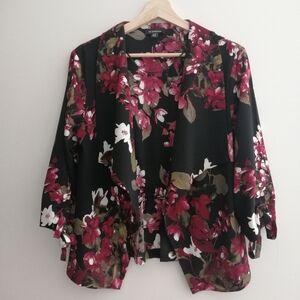 Le Chateau Floral Open Front Blazer Cardigan 3/4 Sleeves Black Pink Medium